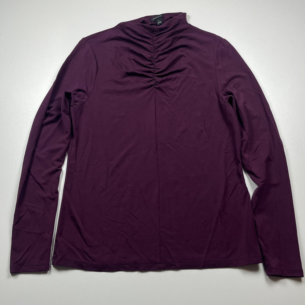 Ann Taylor Ruched Mock Neck Lyocell Long Sleeve Top Size M Plum Stretch Comfort
